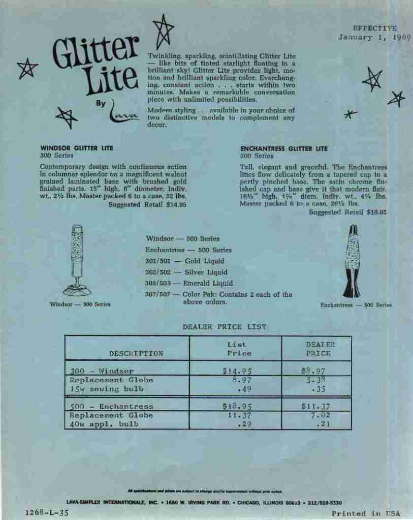 vintage 1969 Lava Lite Specifications and Dealer Price Schedule. Advertisement. Ad. Brochure. Lava Lamp