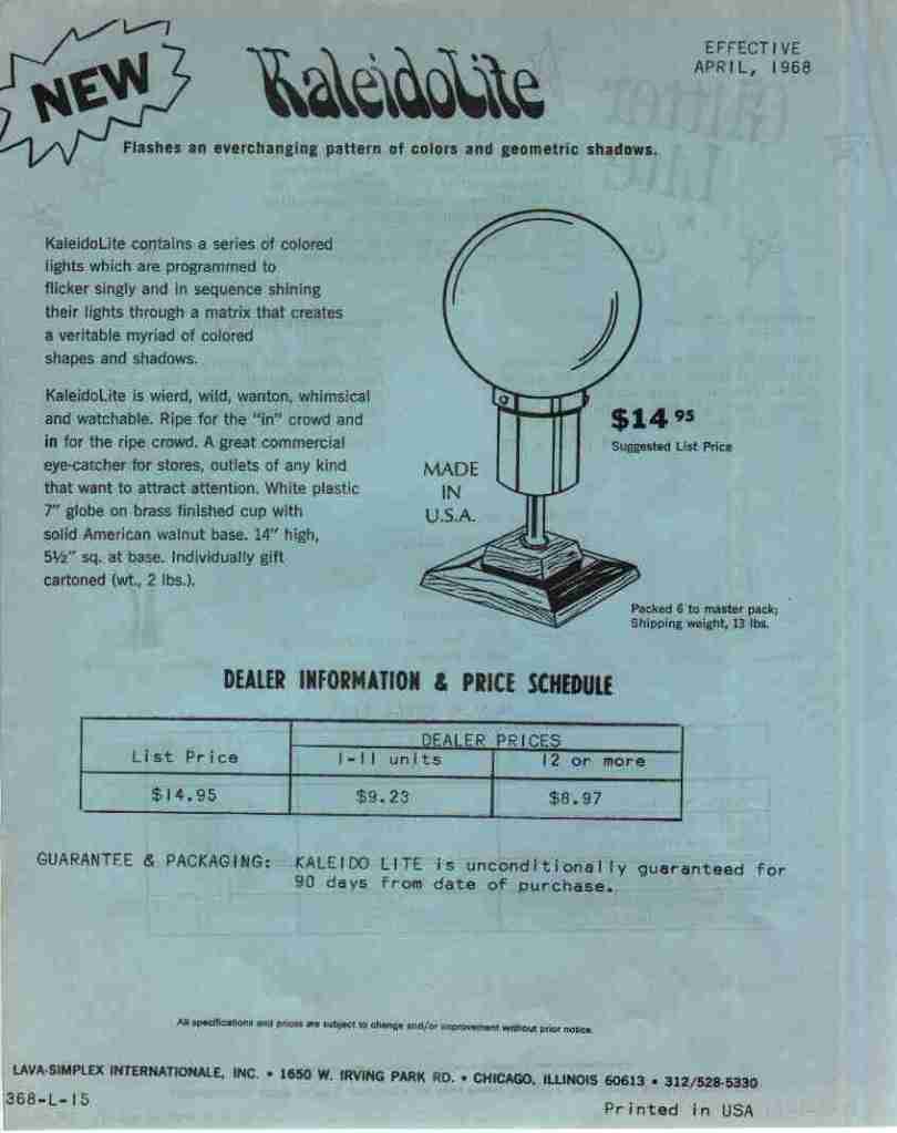vintage 1969 Lava Lite Specifications and Dealer Price Schedule. Advertisement. Ad. Brochure. Lava Lamp