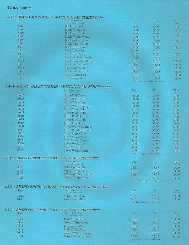 1999/2000 Lava Lite Consumer Price List Lava Lamp