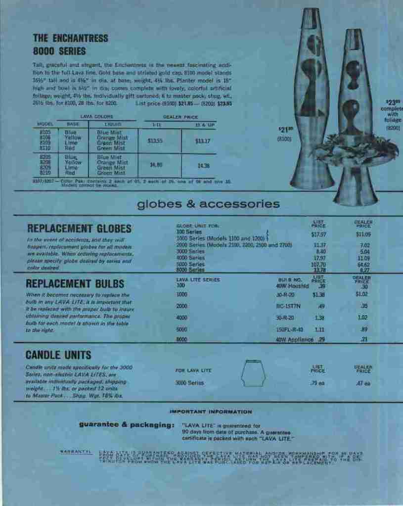 vintage 1969 Lava Lite Specifications and Dealer Price Schedule. Advertisement. Ad. Brochure. Lava Lamp