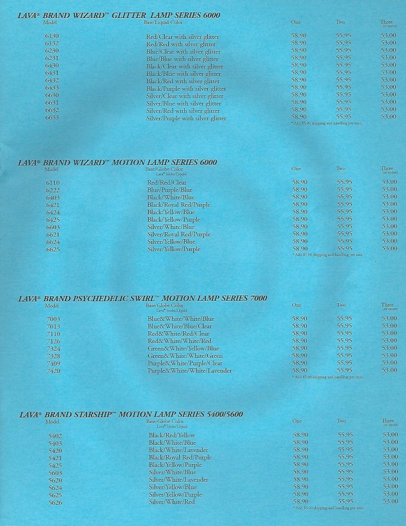 1999/2000 Lava Lite Consumer Price List Lava Lamp