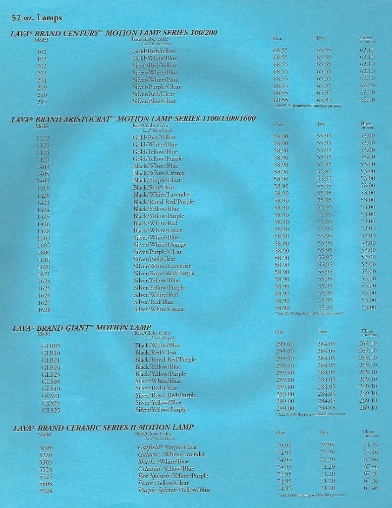 1999/2000 Lava Lite Consumer Price List Lava Lamp