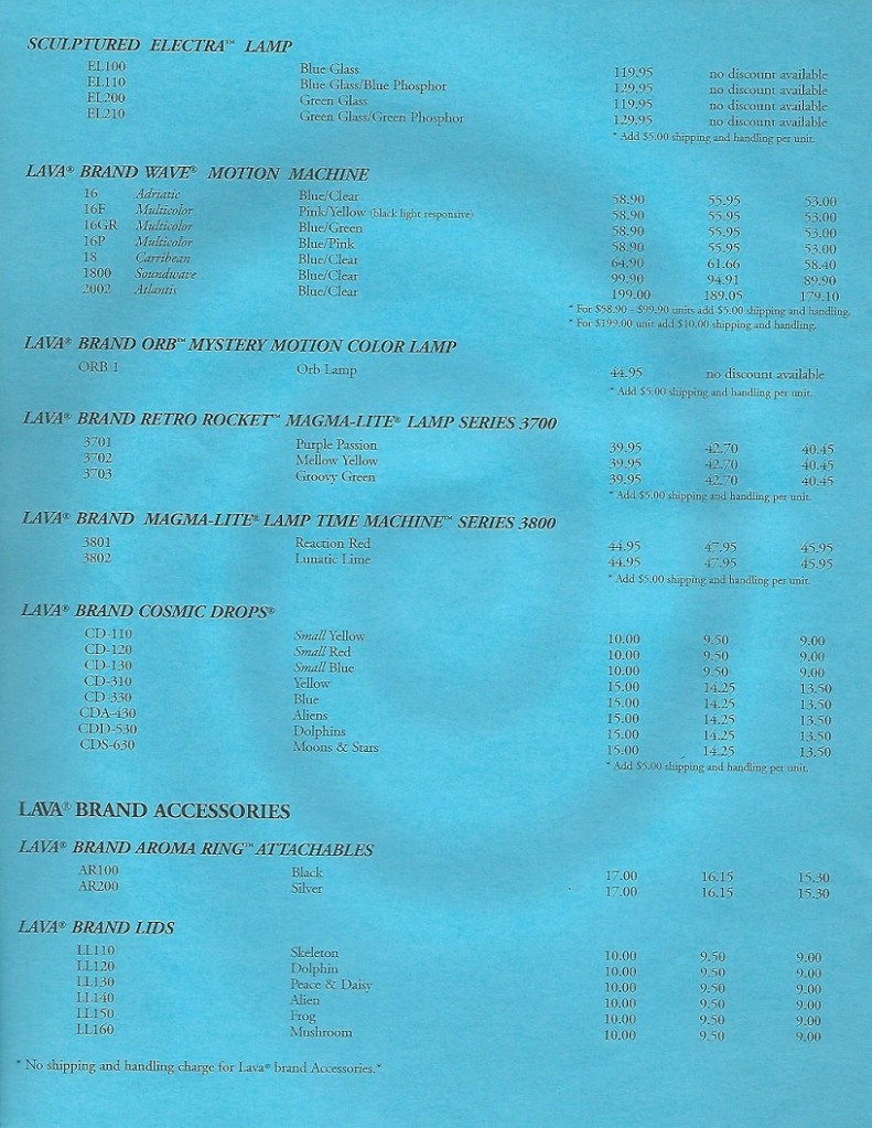 1999/2000 Lava Lite Consumer Price List Lava Lamp