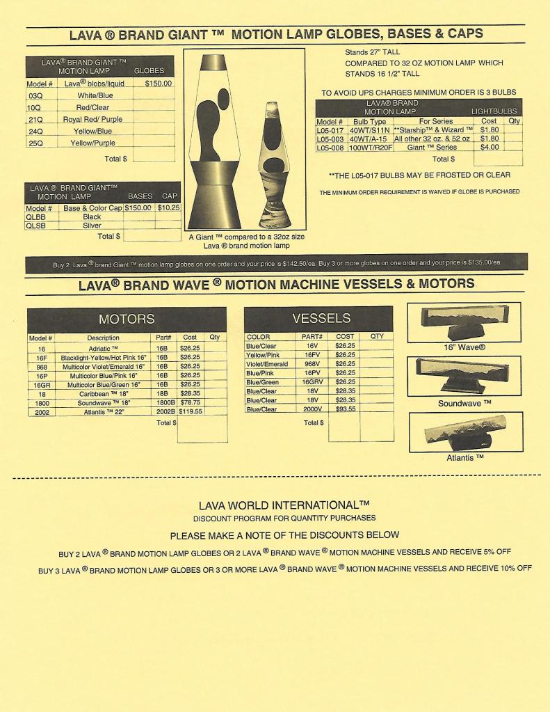 2001 Lava World Catalog Insert. Ad. Advertisement. Lava lamp