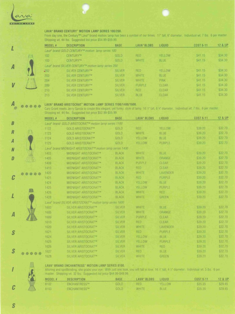 1999 Lava Brand Wholesale Price Schedule. Lava Lamp