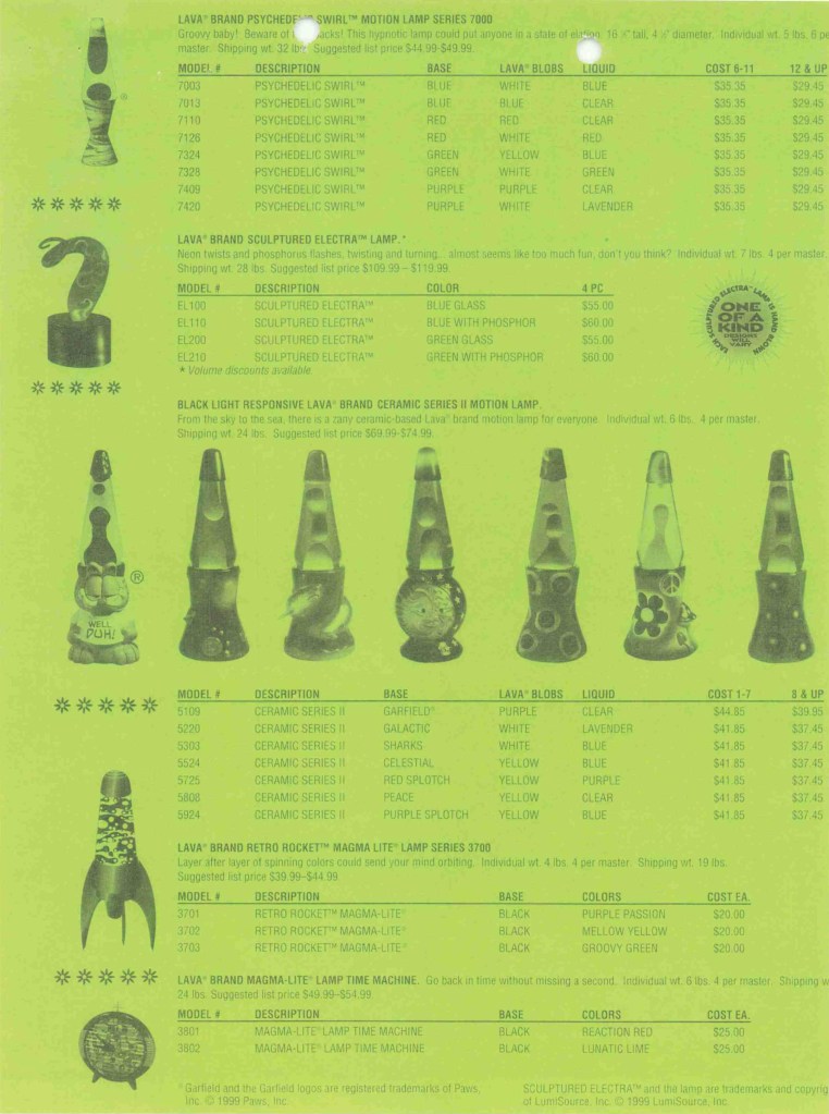 1999 Lava Brand Wholesale Price Schedule. Lava Lamp