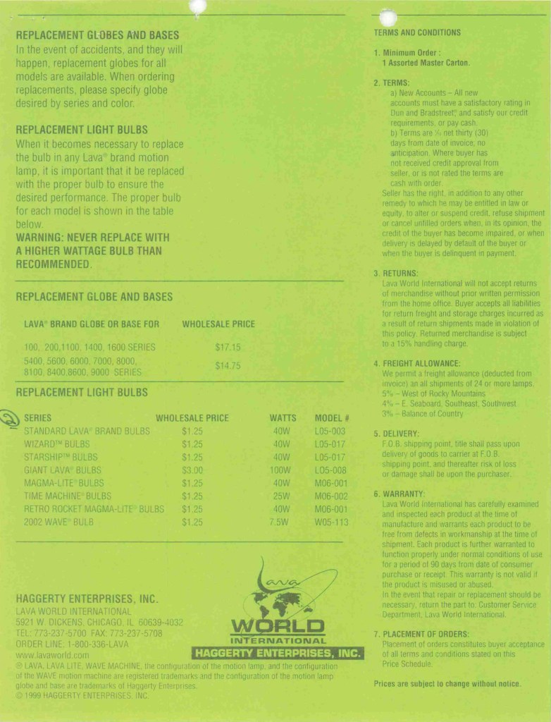 1999 Lava Brand Wholesale Price Schedule. Lava Lamp
