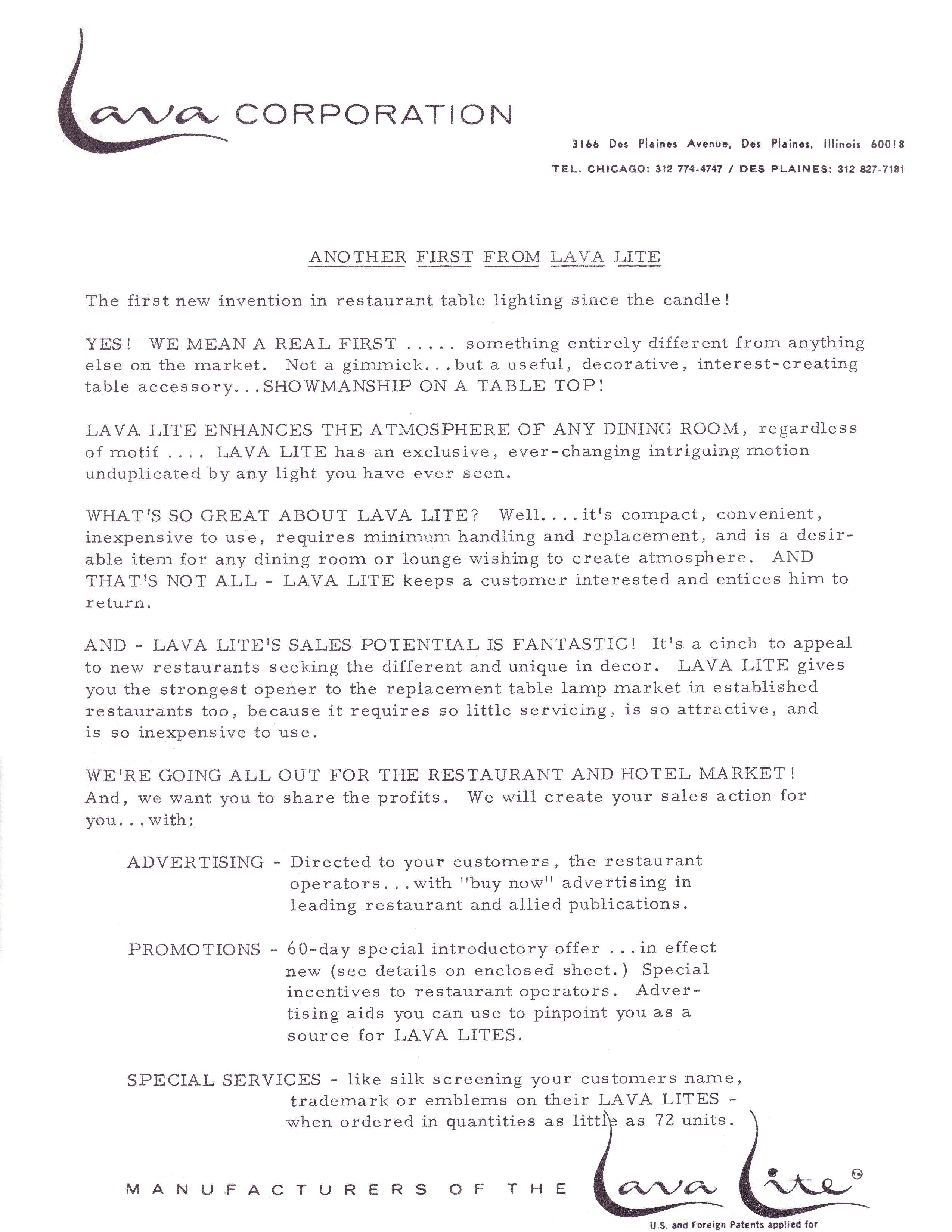 Vintage 1966 Lava Lite Specifications and Commercial Price Schedule. Warranty. Ad. Advertisement. Lava Lamp