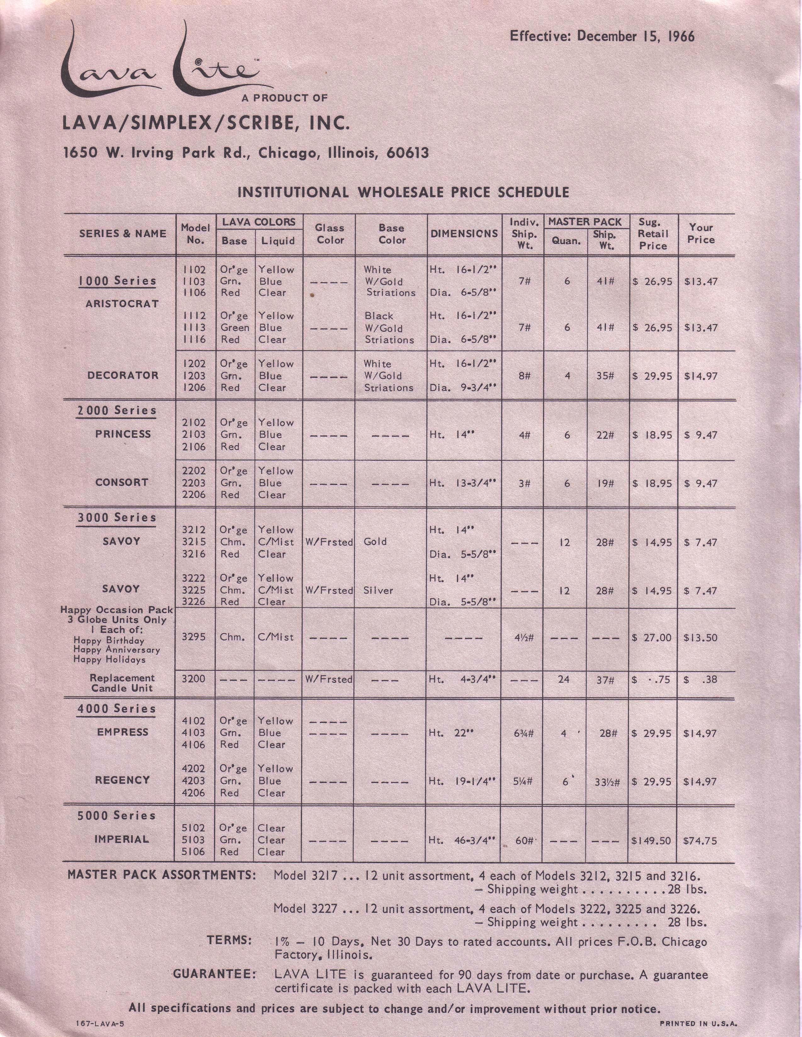 1966 Vintage Lava Lite Specifications and Commercial Price Schedule. Warranty. Ad. Advertisement. Lava Lamp