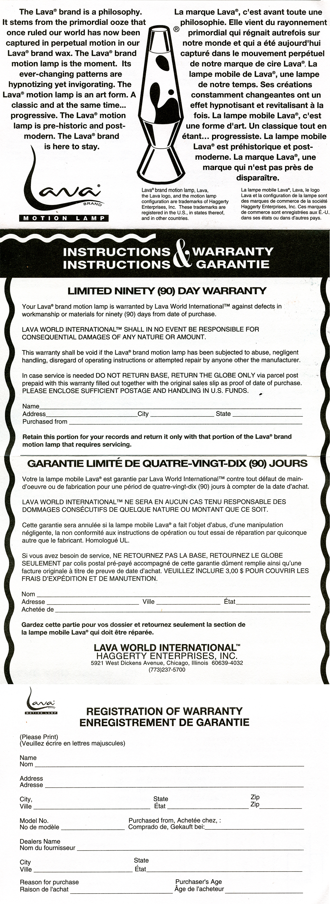 Lava Brand Motion Lamp Instructions & Warranty